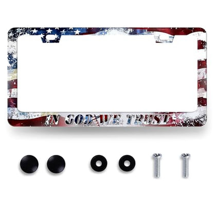in God We Trust License Plate Frame American License Holder with 2 Holes (In God We Trust With American Flag)