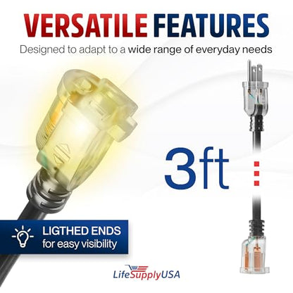 3ft Outdoor Indoor Extension Cord 12 (3 FT / 12AWG / Black)