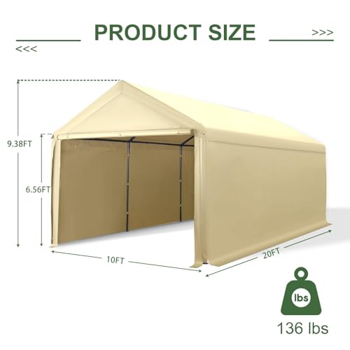 10x20 ft Heavy Duty Carport with Removable Sidewalls (Beige)