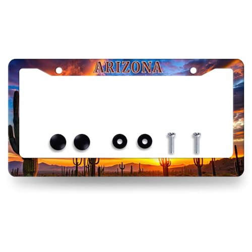 Arizona State Flag Stainless Steel State License Plate Frame 12.2 x 6.2Inch (Arizona Desert Sunset Cactus)