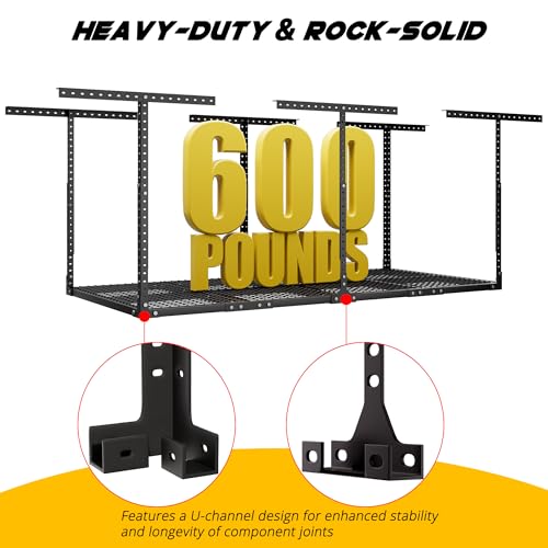 3 x 8FT Overhead Garage Storage Rack (Black / 3x8 FT Without Sidebar)