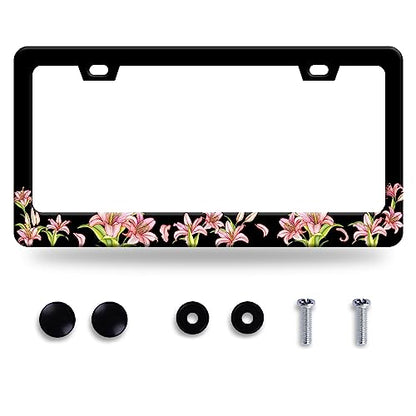 Pink Florals License Plate Frame Stainless Steel Cars Accessory 6.3x12.3In (Pink Lily flower)