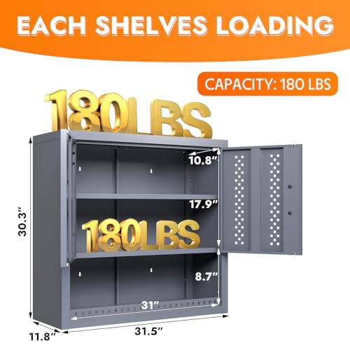 Metal Wall Storage Cabinet with Adjustable Shelf Steel Wall Mounted Garage Storage Cabinet with Doors for Basement Utility Room Warehouse Kitchen (H30.3")