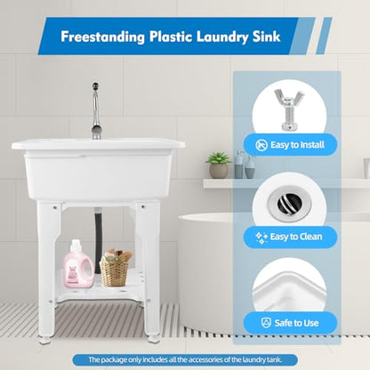 Freestanding Utility Sink Plastic Laundry Sink Spacious Laundry Tub Sink with Storage Shelf Indoor Outdoor Slop Sink Wash Station for Bathroom Laundry Washing Room (B / White-25.6*21.65*31.5in)