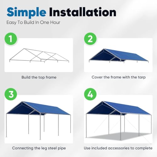 10x20 ft Heavy Duty Car Canopy Galvanized Frame Carport Outdoor Party Tent Boat Shelter with 3 Reinforced Steel Cables (Blue / 10'x20')