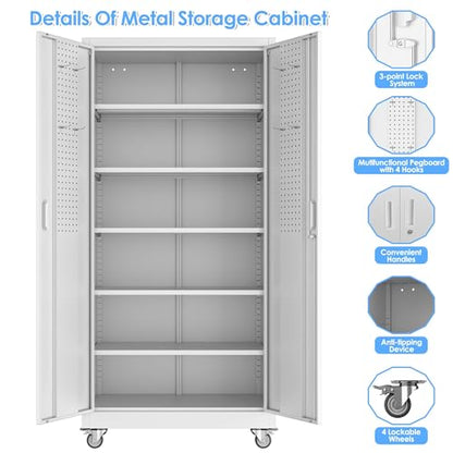 71" White Metal Storage Cabinet with Wheels (White / 16"D x 32"W x 71"H)