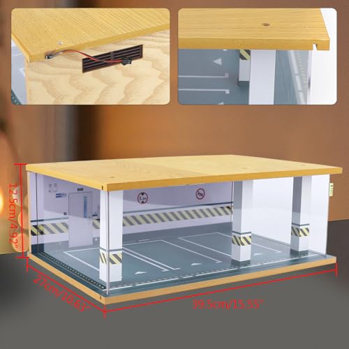 1 24 Parking Garage Model Car Garage Display Case with Clear Acrylic Cover and LED Lighting Toy Car Storage Tabletop Showcase for Boy Kids Home Toy Stores (3 Parking Space)