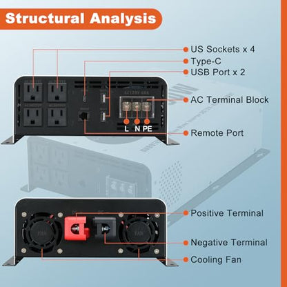 2000W Pure Sine Wave Power Inverter DC 12V to AC 120V (2000W-Wireless / 12V)
