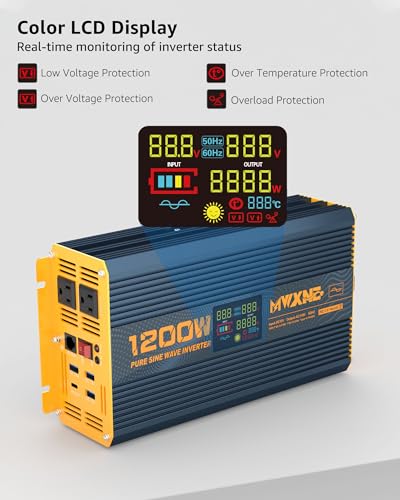 1200 Watt Pure Sine Wave Power Inverter DC 12V to 110V AC Converter with Dual AC Outlets (1200W- 12V)