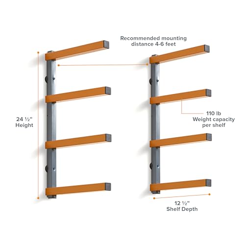 Wood Rack 4 Level Heavy Duty Lumber Storage Rack Wall Mount PBR (Orange and Gray / 4-Level)