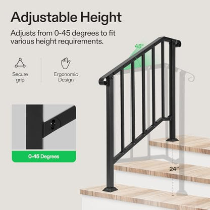 3 Step Railing 40"x36" Wrought Iron with Curved & Balusters Black (Black / 3 Steps)