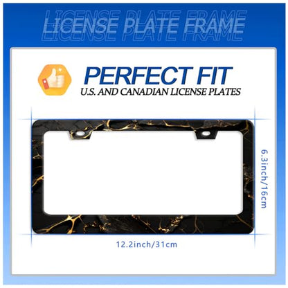 Marble Print License Plate Frame Stainless Steel Car Accessory 6.3x12.3Inch (Black Gold Marble Pattern)