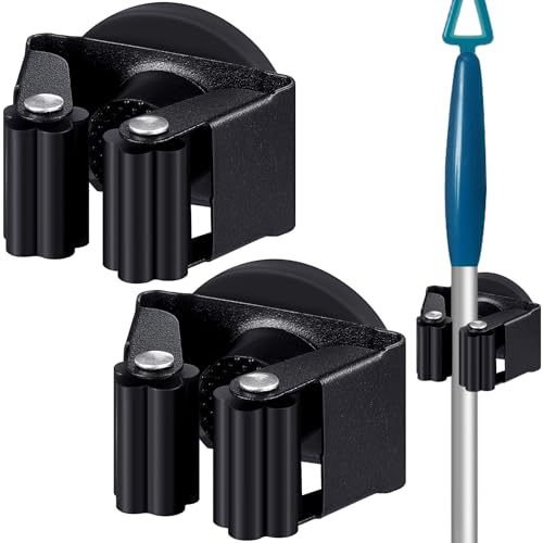 2 Pcs Magnetic Broom Holder Wall Mounted Anti Slip Rack (Black)