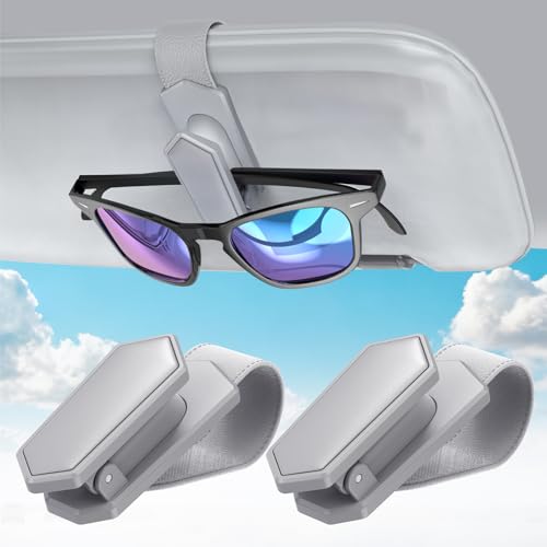 One-Handed-Operation Sunglasses Holder for Car, Visor Sunglass Holder Clip, Car Accessories Interior, Universal Fit Silicone Padded Visor Sunglass Holder Car, Unmatched Durability (2 Pack) (2 Pack / Grey)