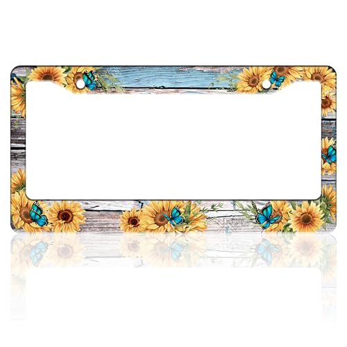 Blue Butterfly Sunflower License Plate Frame Stainless Steel 6.3 X 12.2 in (Blue Butterfly Sunflower)