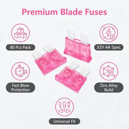80Pcs) 4 Amp Standard Fuse, 4A Car Blade Fuses for Car/RV/Truck/SUV/Motorcycle/Boat (4A)