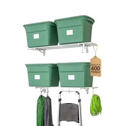 Garage Wall Shelf (White / 1x4ft 2-Pack Shelf | 200lb Each | 6 Hooks)