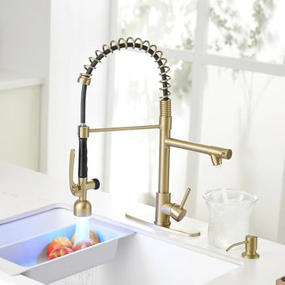 Commercial Kitchen Faucets with Pull Down Sprayer Brushed Gold LED (Brushed Gold)