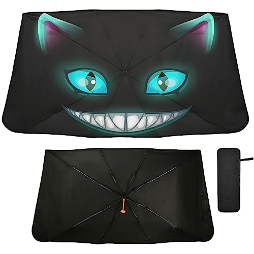 Fantasy Scary Laugh Cat Black Windshield Sun Shade Umbrella Cheshire Cat Halloween Foldable Car Front Window Sunshade Blocks UV Rays Heat Keep Vehicle Cool (multi 7)
