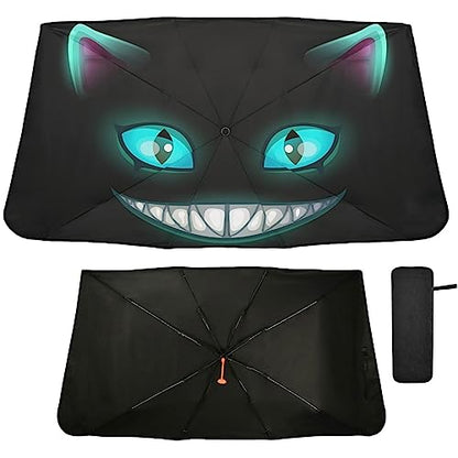 Fantasy Scary Laugh Cat Black Windshield Sun Shade Umbrella Cheshire Cat Halloween Foldable Car Front Window Sunshade Blocks UV Rays Heat Keep Vehicle Cool (multi 7)