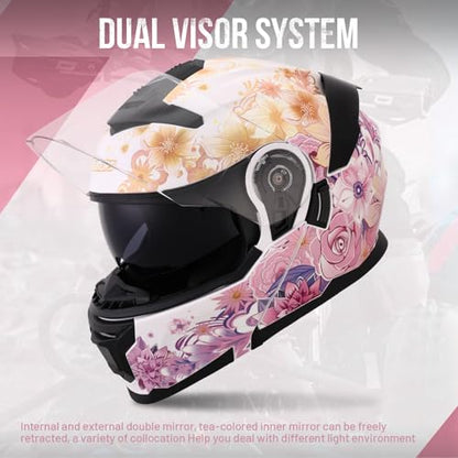 Pink Modular Motorcycle Helmets Full Face Flip up Street Bike Motorcycle Helmet for Unisex Adult Flower Sea (Flower Sea Pink / XX-Large)