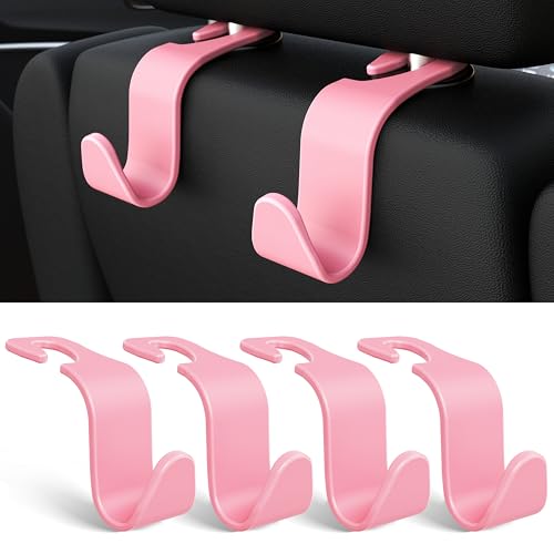 4 Pack Car Headrest Hooks Holds 55lbs Seat Storage Organizer for Bags (Pink)