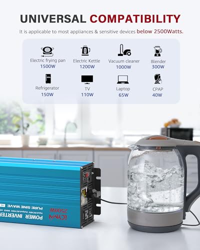 Power Inverter 2500 Watt Pure Sine Wave 12V DC to 110V (2500W - 12V / Blue)