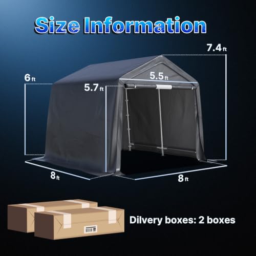 8x8 ft Storage Shelter Garage Tent with 2 Roll up Doors & Vents Outdoor Portable Carport for Motorcycle ATV Anti (Dark Gray / 8'x8')