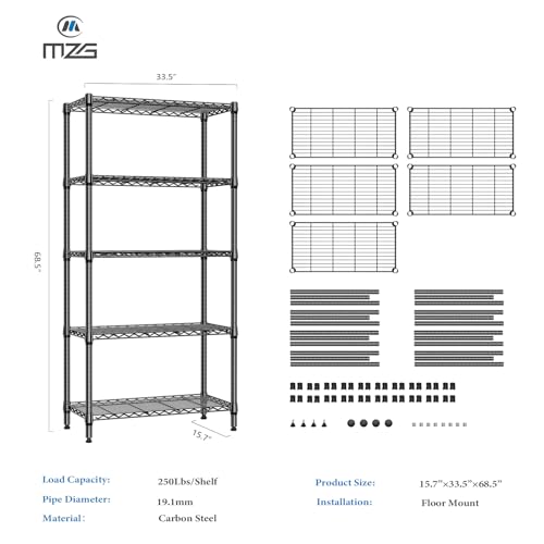 1250 lbs 5 Tier Shelf Metal Storage Shelves Shelving Wire Rack Heavy Duty Closet Organizers for Garage Kitchen Bathroom Laundry Black 15.7" D x 33.5" W x 68.5" H (5 tier, 15.7" D x 33.5" W x 68.5" H / Black)
