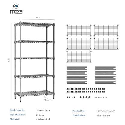 1250 lbs 5 Tier Shelf Metal Storage Shelves Shelving Wire Rack Heavy Duty Closet Organizers for Garage Kitchen Bathroom Laundry Black 15.7" D x 33.5" W x 68.5" H (5 tier, 15.7" D x 33.5" W x 68.5" H / Black)