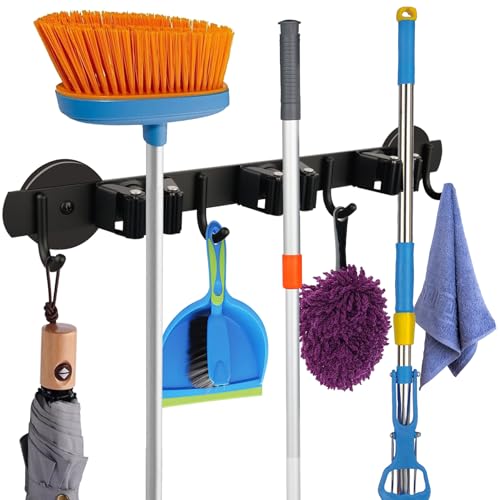 Magnetic Broom Holder (Heavy Duty,New Black,3 Hooks 4 Slots)