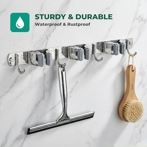 Mop and Broom Holder Wall Mount for Kitchen Garden Laundry Garage (Silver / 3 Racks with 4 Hooks)