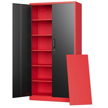 Metal Garage Storage Cabinets with Lock (72 X 36 X 18 In(H X W X D) / Black Red)