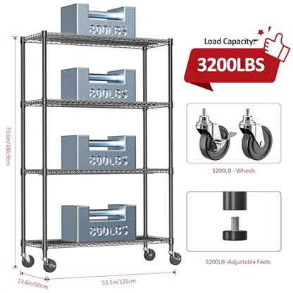 Garage Shelving Wide Storage Shelves 4 Tier Metal Shelves 3200 LBS Heavy Duty Adjustable Utility Shelf Rack Black 23.6" D x 53.1" W x 73.6" H (4 Tier, 23.6" D x 53.1" W x 73.6" H / Black)