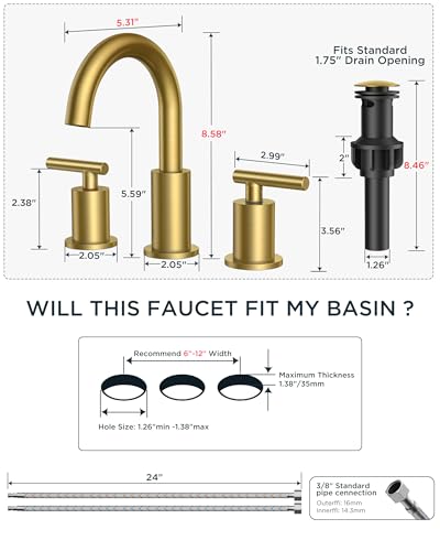 8 Inch Brushed Gold Bathroom Faucet 3 Hole (Brushed Gold)