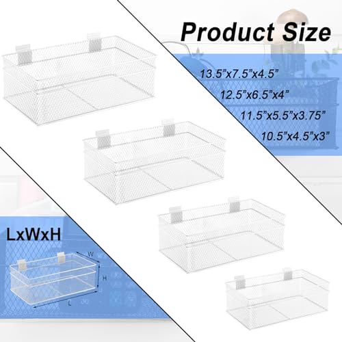 4 Pcs Slatwall Basket Set Ventilated Metal Slatwall Basket Hanging Wire Bins Wall Mounted Accessories for Panel Garage Storage Display Organizing (Assorted Sizes / White)