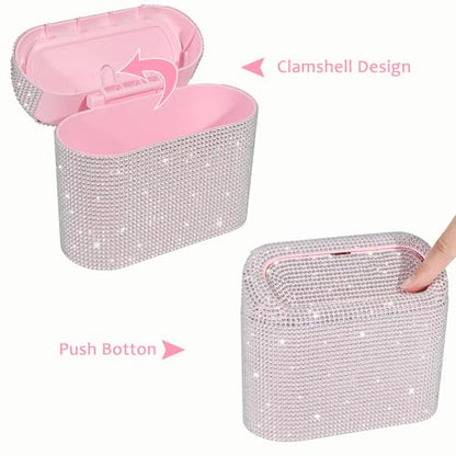 Bling Car Trash Can with Lid (Light Pink/White Rhinestone)