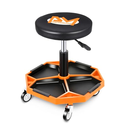 Adjustable Height Pneumatic Garage Seat Rolling Mechanic Stool with Tool Tray Storage (Orange)