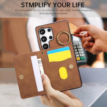 Compatible with Samsung Galaxy S26 Ultra 5G Wallet Case and Screen Protector Crossbody Shoulder Strap Ring Buckle Stand Card Holder Magnetic Car Mount Phone Cover for S26Ultra 26S S 26 26Ultra Brown (Brown / for S26 Ultra)