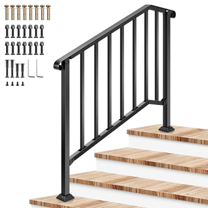 4 Step Railing 54"x36" Wrought Iron with Curved & Balusters Black (Black / 4 Steps)