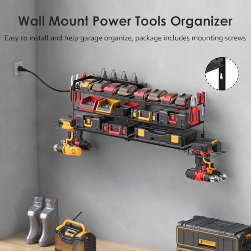 Large Garage Tools Storage with Charging Station. Power Tool Battery Organizer Utility Shelf with Power Strip. 4 Drills Holder Wall Mount Rack (Large / 3 Layer)