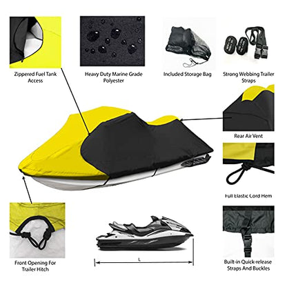 Trailerable Jet Ski Cover 600D Waterproof PWC Cover Fits 116" (Yellow/Black / Fits from 116"-125"(2 seater))