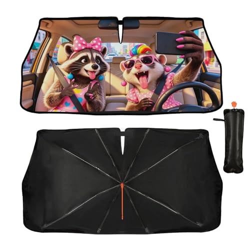 Raccoon Car Windshield Sun Shade Umbrella Bendable Handle Foldable Funny Women Gifts Raccoon Sunshade for Car Windshield Block UV Rays Keep Vehicle Cool for Most Sedans SUV Trucks Cars 57"x30" (147*75cm,33*11cm / Funny Raccoon 02)