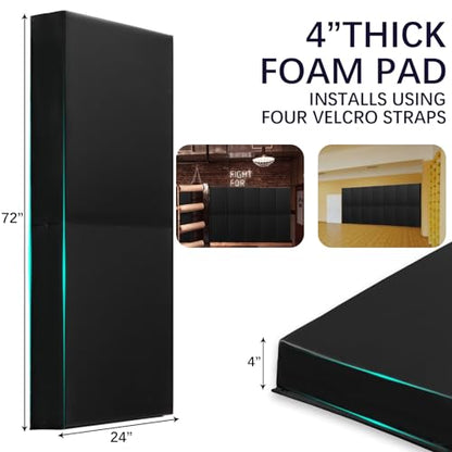 60" 72" High Gym Wall Padding 2" Thick Foam Basketball Court Wall Mount Protector for Garage Taekwondo Babyroom (BLACK / 72" x 24" x 4")