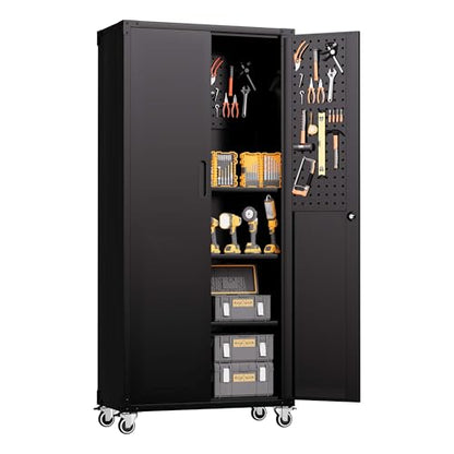 Metal Storage Cabinet for Garage (Black / L - 2 Doors & Pegboard (Wheeled))