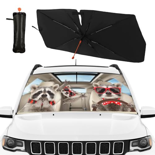 Print Raccoon Windshield Sun Shade Funny Raccoon Sun Shade for Car Front Window Block UV Rays Foldable Umbrella Windshield Sun Visor Protector Keep Vehicle Cool for Most Vehicles (raccoon)