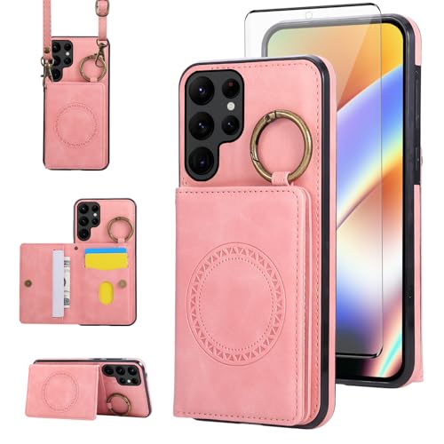 Compatible with Samsung Galaxy S22 Ultra 5G Wallet Case and Screen Protector Crossbody Shoulder Strap Stand Card Holder Magnetic Car Mount Phone Cover for S22ultra 22S S 22 S22ultra5g Women Men Pink (Rose Gold / for S22 Ultra)