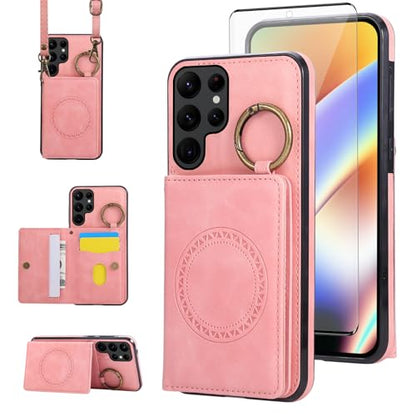 Compatible with Samsung Galaxy S22 Ultra 5G Wallet Case and Screen Protector Crossbody Shoulder Strap Stand Card Holder Magnetic Car Mount Phone Cover for S22ultra 22S S 22 S22ultra5g Women Men Pink (Rose Gold / for S22 Ultra)