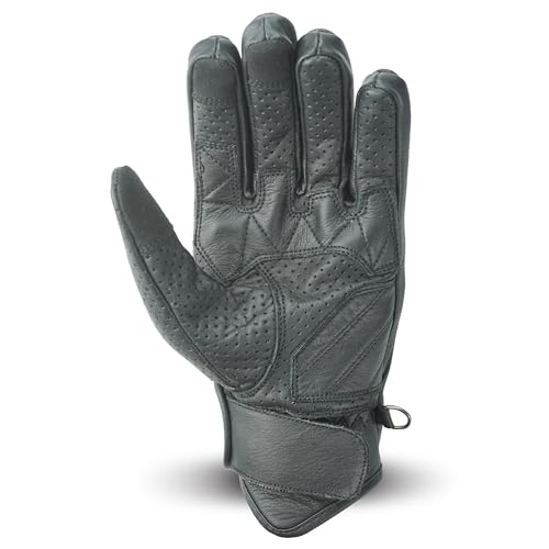 Leather Motorcycle Gloves for Men with reinforcements on Knuckles and Fingers 100% Perforated Calf Leather Riding Gloves with Magic Tape Wrist Closure (Small / Willington Moto Black)