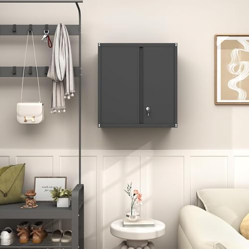 Locking Metal Garage Wall Cabinet with Doors and Shelf (28"H / Black)